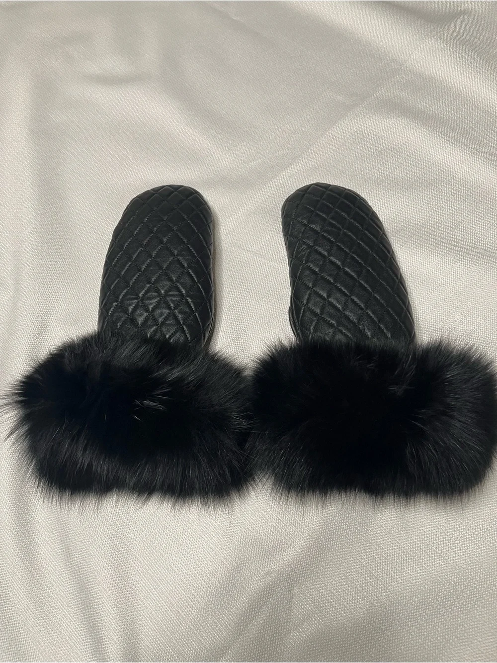 Mitchies Blue Fox Fur Trimmed Quilted Leather Mittens